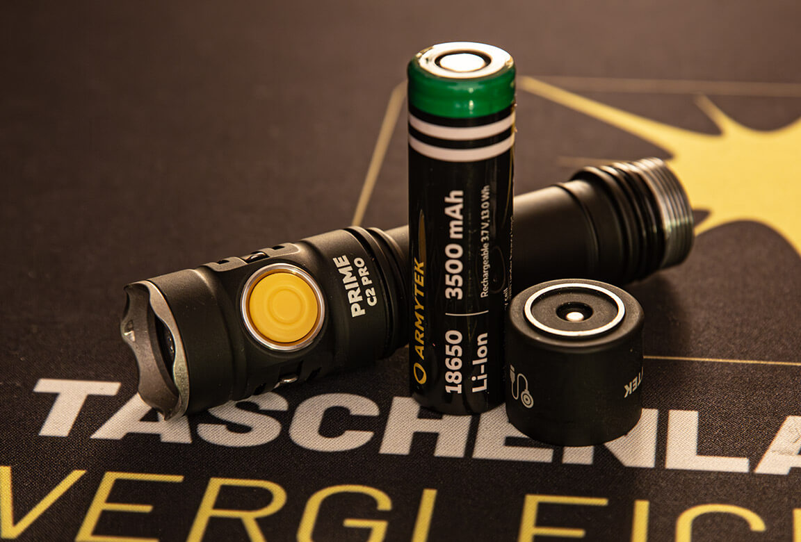In der Armytek Prime C2 Pro arbeitet ein 18650er Akku mit 3.500 mAh.